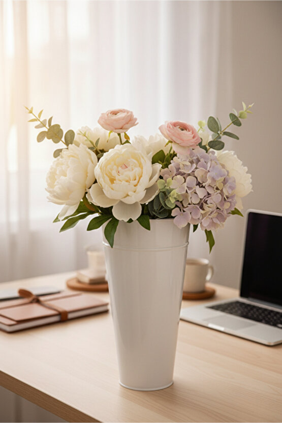 Beyaz Metal Konik Vazo Şemsiyelik Kova Dekoratif Çiçeklik Aranjman Metal Saksı