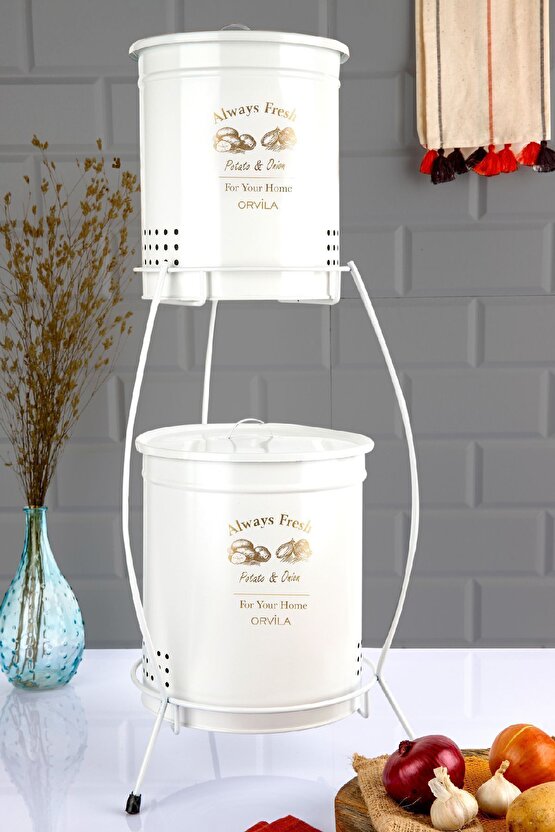2 Katlı Metal Patates Soğanlık Kovası Çeyizlik Sebzelik Saklama Kabı - Beyaz