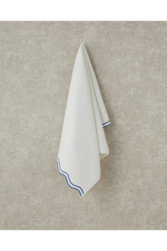 Retro Waves Pamuklu Nakışlı Yüz Havlusu Ekru - Mavi