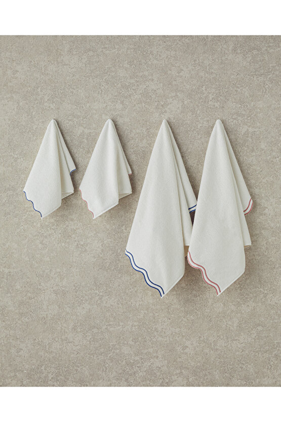 Retro Waves Pamuklu Nakışlı Yüz Havlusu Ekru - Mavi