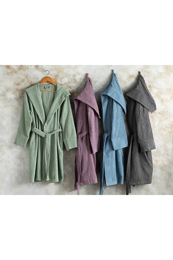 Stripe Pamuklu Fitilli Bornoz S-m Indigo