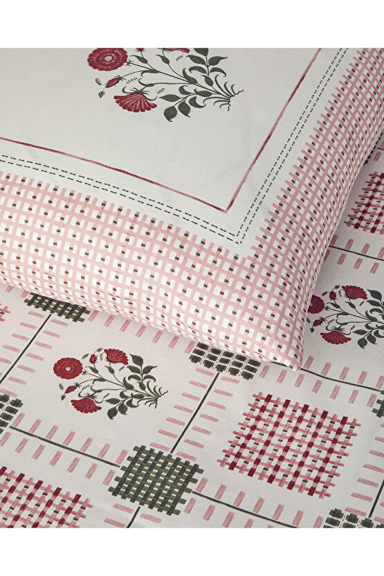 Floral Grid Pamuklu King Size Nevresim Seti Gül Kurusu