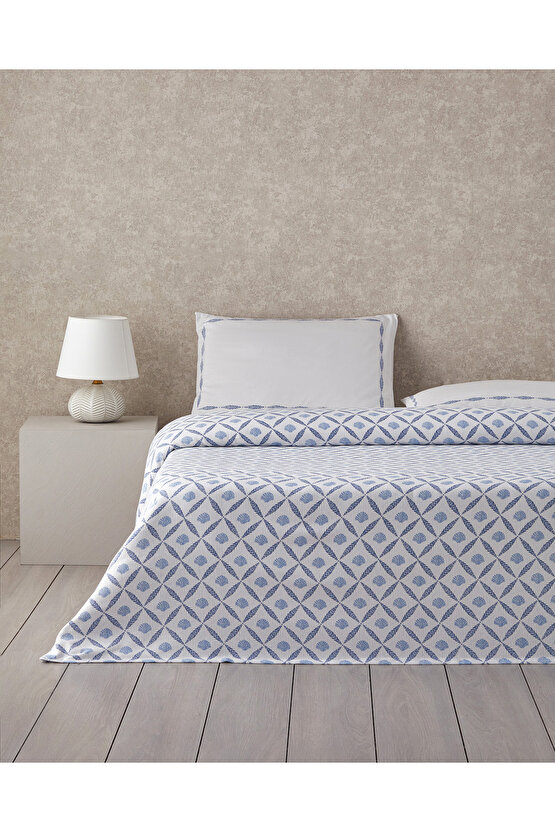 Sea Shell Baskılı Tek Kişilik Pike Takımı 150x220 cm Mavi