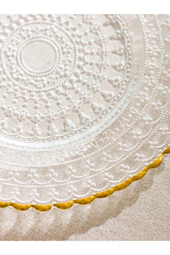 Sarı Desenli Cam Pasta Tabağı 4lü 21 cm