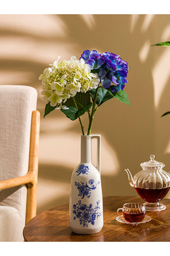 Mavi Çiçek Baskılı Seramik Vazo - 29 cm