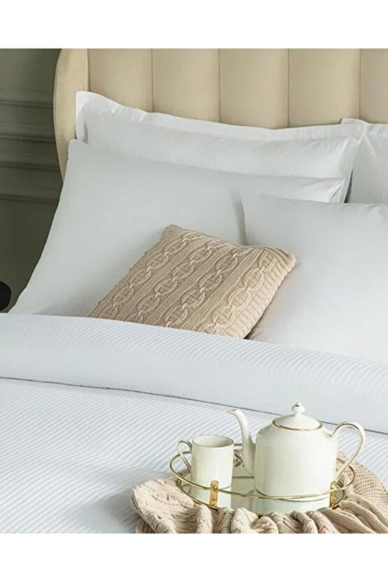 Deluxe Çizgili Pamuk Saten Kulaklı 2 li Yastık Klıfı Beyaz Whıte Collectıon