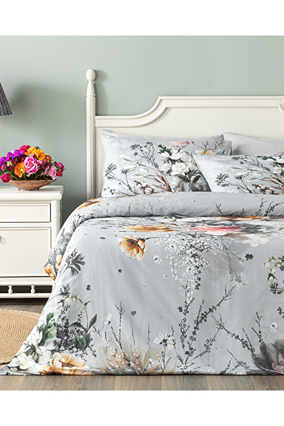 Flower Heaven Dijital Baskılı Soft Cotton Çift Kişilik Çarşaflı Nevresim Takımı Gri