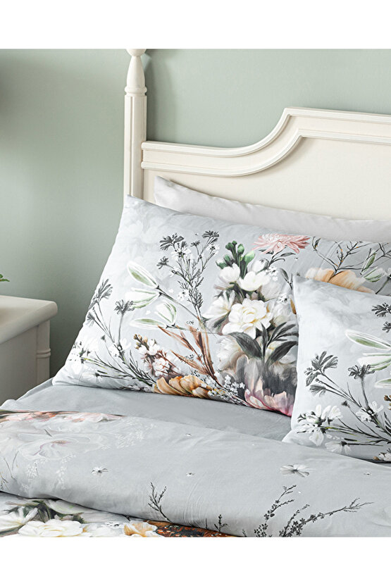 Flower Heaven Dijital Baskılı Soft Cotton Çift Kişilik Çarşaflı Nevresim Takımı Gri