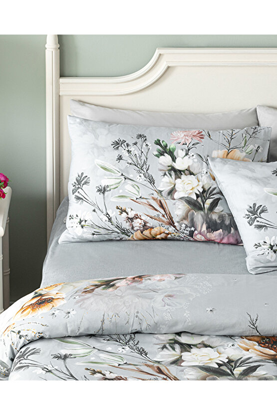 Flower Heaven Dijital Baskılı Soft Cotton Çift Kişilik Çarşaflı Nevresim Takımı Gri