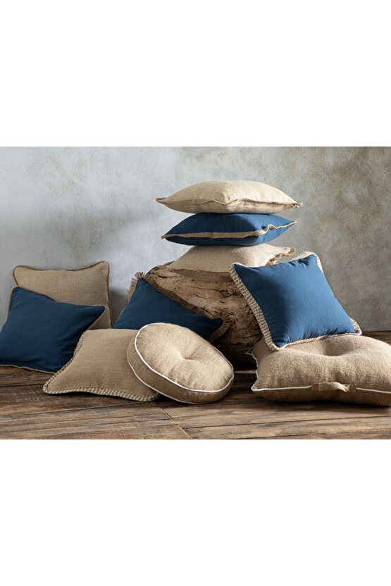 Marine Greta Jüt Biyeli Kırlent Kılıfı 45x45 Cm İndigo