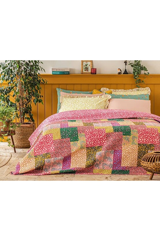 Daisy Fest Patchwork Tek Kişilik Çok Amaçlı Örtü 160x220 Cm Pembe