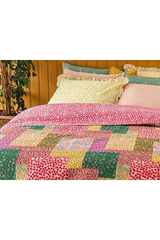 Daisy Fest Patchwork Tek Kişilik Çok Amaçlı Örtü 160x220 Cm Pembe