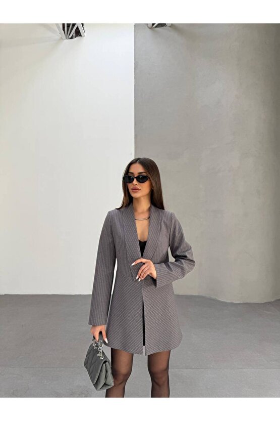 Şal Yaka Çizgili Blazer Ceket Elbise