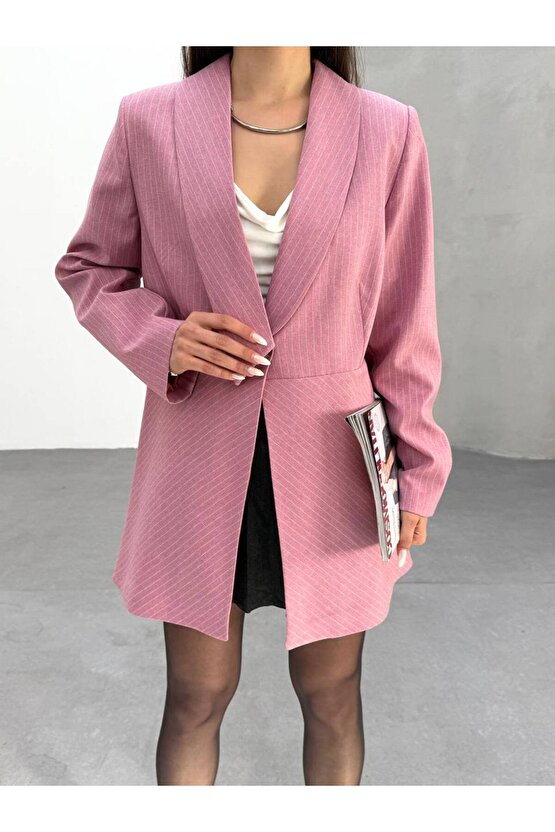 Şal Yaka Çizgili Blazer Ceket Elbise