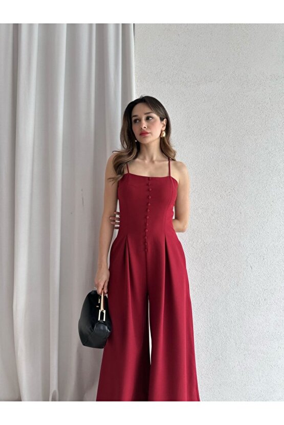 Kadın Askılı Kare Yaka Düğme Detaylı Tulum