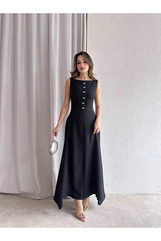 Kadın Taş Fiyonk Detaylı Uzun Elbise