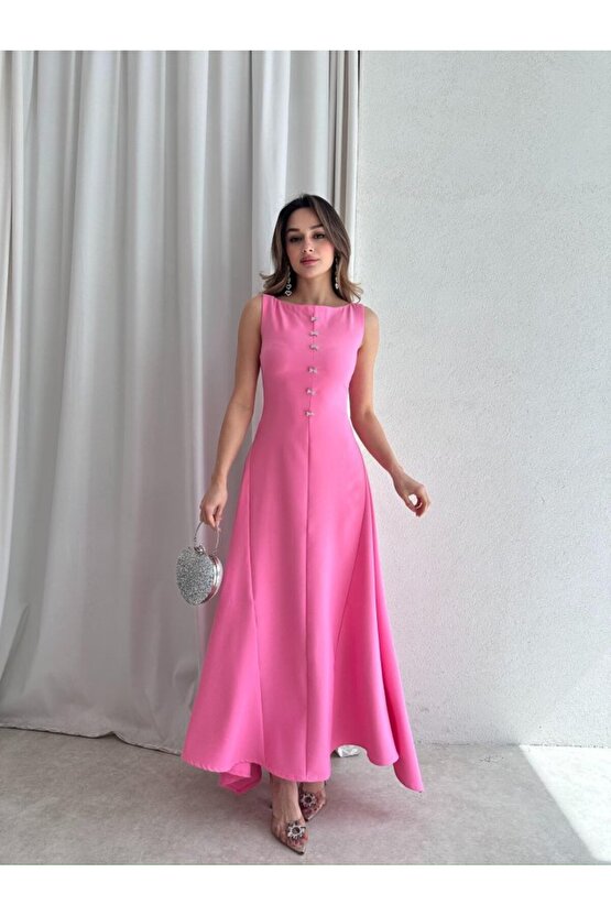 Kadın Taş Fiyonk Detaylı Uzun Elbise