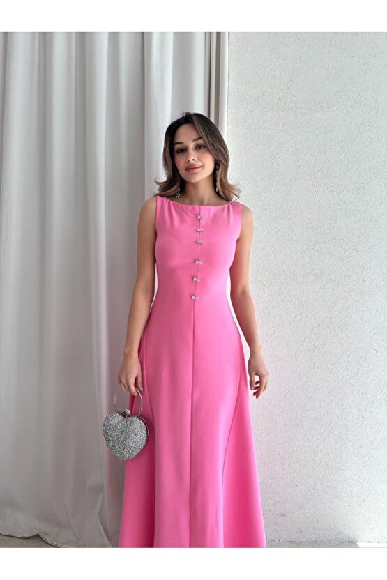 Kadın Taş Fiyonk Detaylı Uzun Elbise