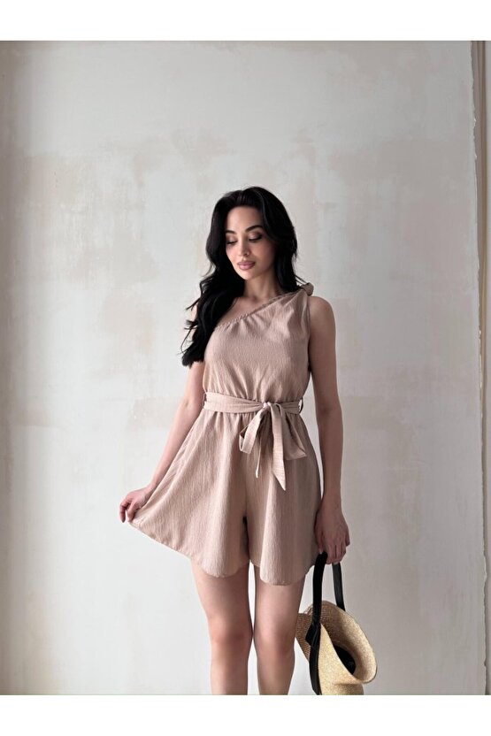 Kadın Tek Omuz Kuşaklı Mini Tulum