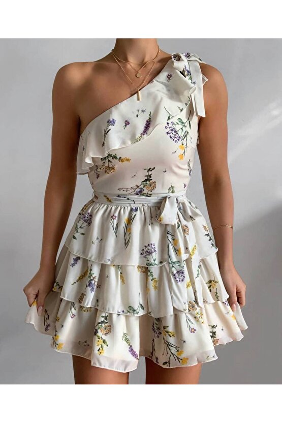 Kadın Kat Etek Tek Omuz Bağlamalı Krep Kumaş Beyaz Mini Elbise