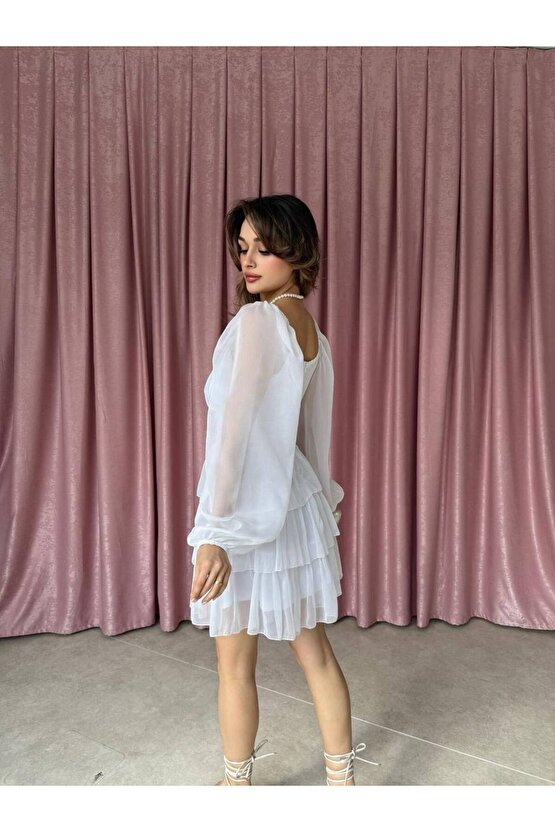 Kadın Kare Yaka Kat Etekli Transparan Kollu Mini Şifon Elbise