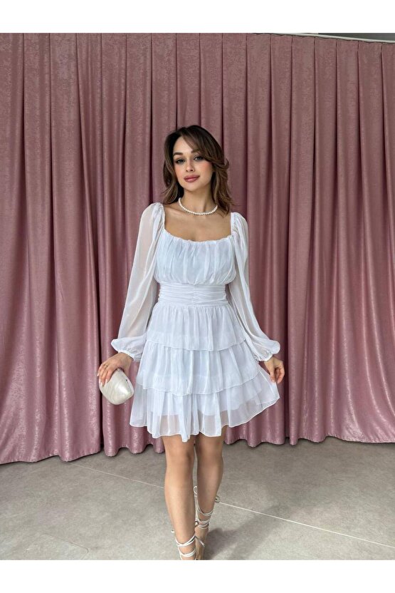 Kadın Kare Yaka Kat Etekli Transparan Kollu Mini Şifon Elbise