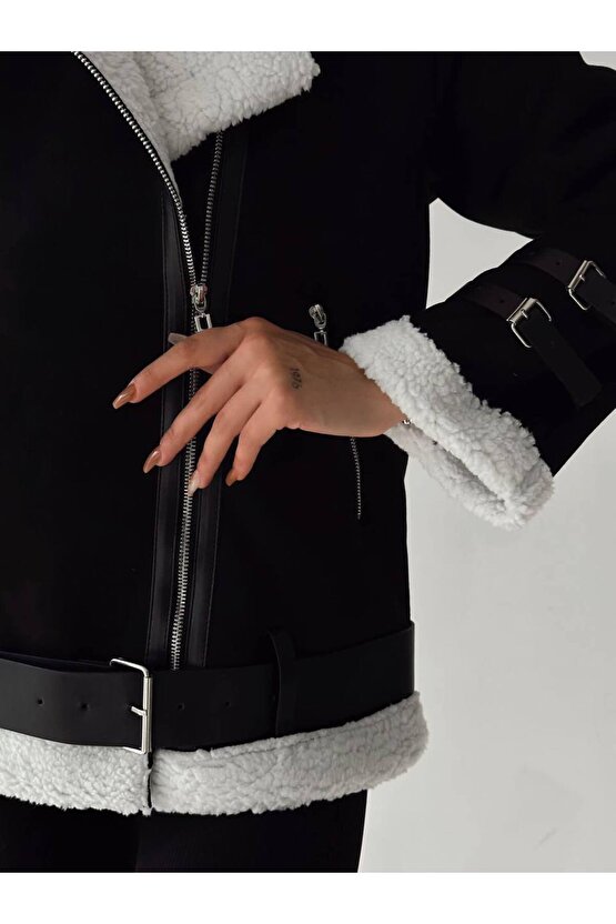 Kadın Süet İçi Pelüş Kemerli Kısa Nubuk Kaban