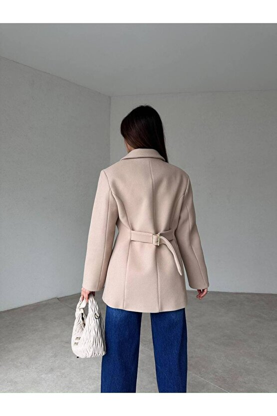 Kadın Yan Düğme Kaşe Kumaş Krem Ceket Kaban