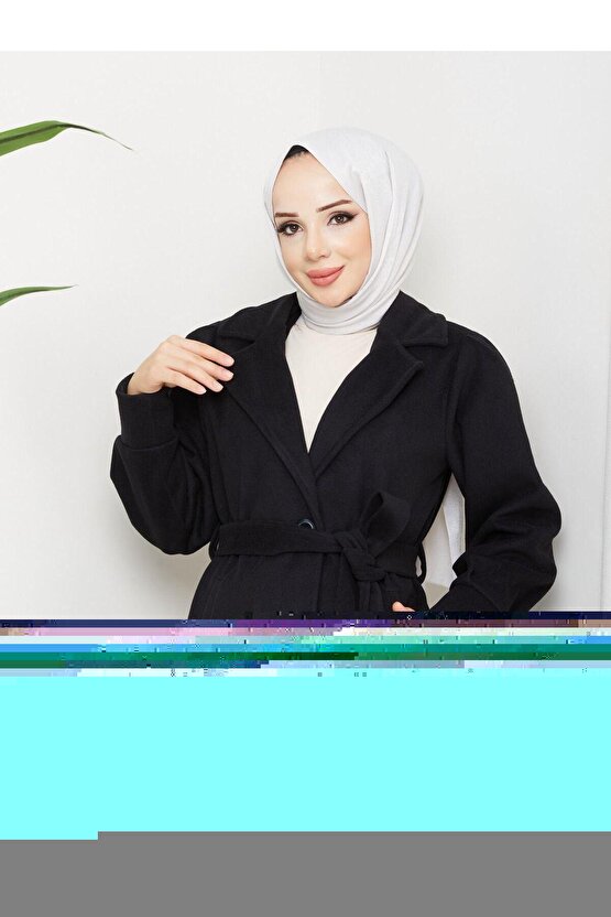 Kol Detaylı Kaşe Kumaş Kuşaklı Düğmeli Siyah Midi Boy Kaban