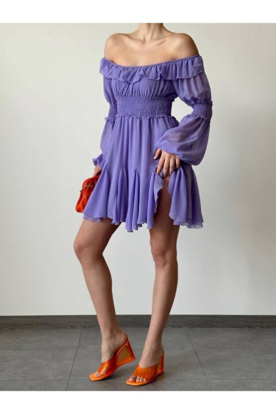 Gipe Detaylı Mini Lila Şifon Elbise