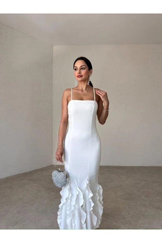 Askılı Fırfır Detay Atlas Kumaş Beyaz Uzun Elbise