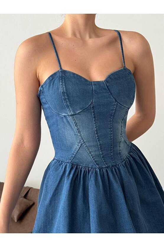 Askılı Korse Formlu Kat Etek Likralı Mini Boy Mavi Kot Elbise