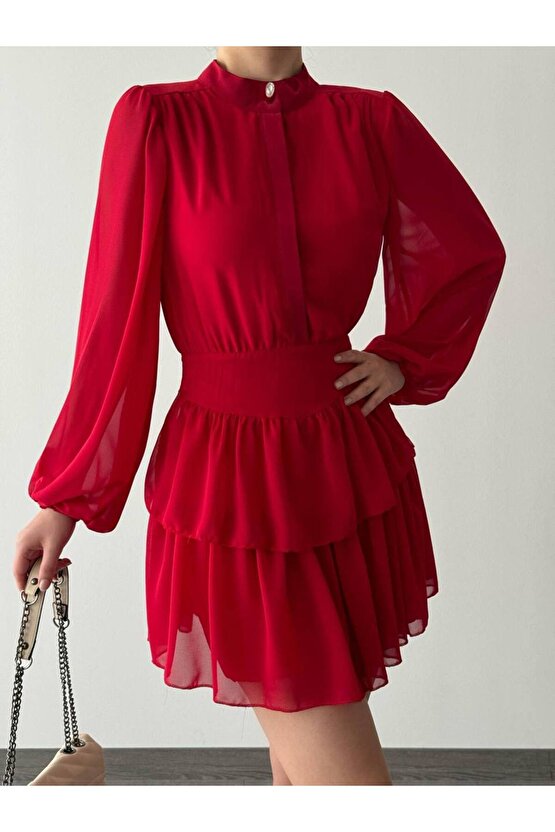 İnci Detay Korse Formlu Kat Etek Mini Boy Şifon Kumaş Kırmızı Elbise