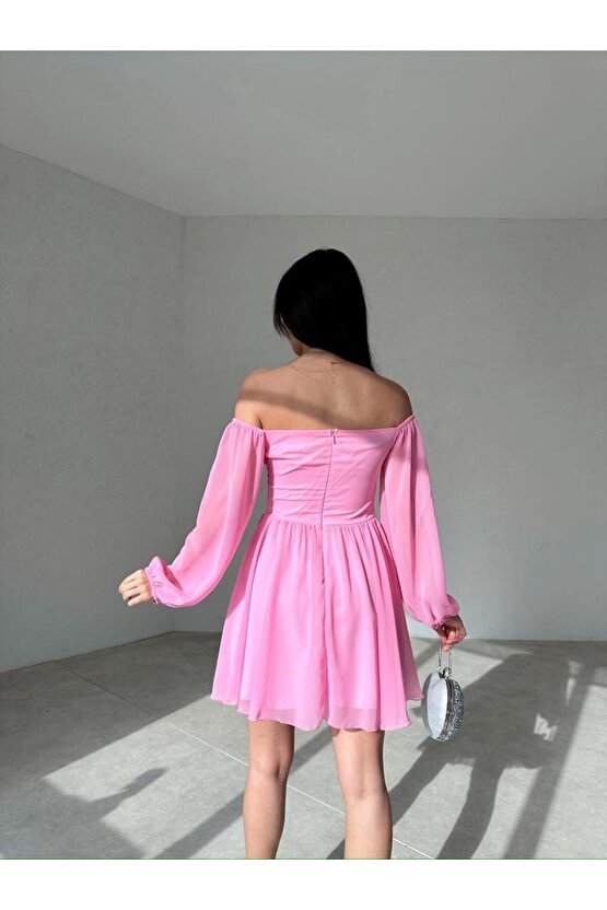 Düğme Detaylı Mini Şifon Elbise