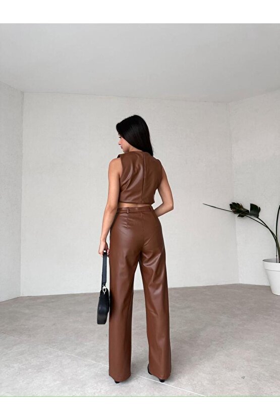 Yelekli Deri Kahverengi Takım