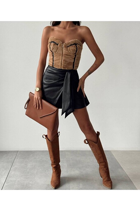 PELUŞ CROP DERİ ETEK 2 Lİ TAKIM