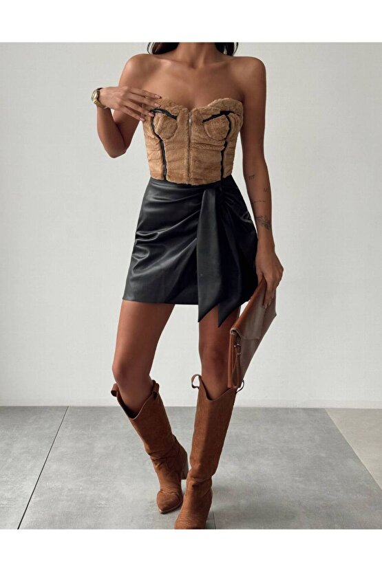 PELUŞ CROP DERİ ETEK 2 Lİ TAKIM