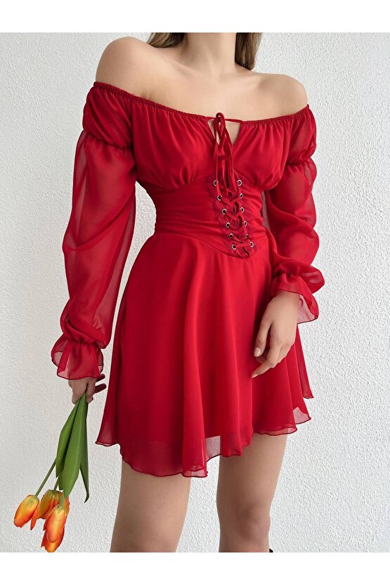 KUŞ GÖZLÜ ŞİFON ELBİSE