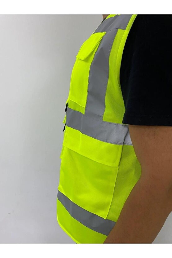 Yüksek Görünümlü Mühedis Yeleği 10 Adet Sarı M Beden Yelek Reflektörlü Fermuarlı Reflektik