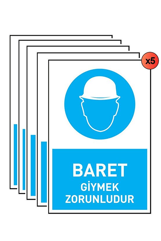 İş Güvenliği 5 Adet Levhası Baret Giymek Zorunludur Uyarı - Işaret Levhası(BANT HEDİYE)