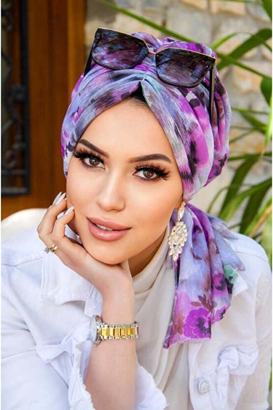 Lila Gri Çiçek Desen Tokalı Bone