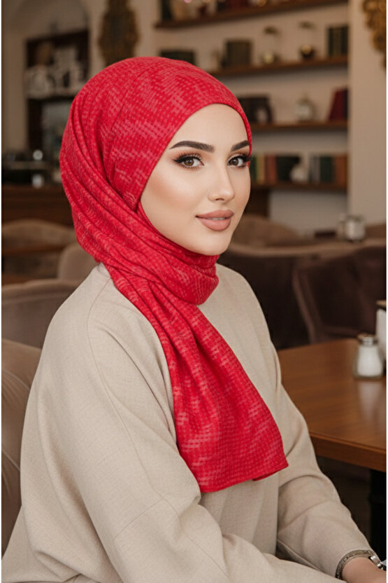 Kırmızı Desen Kışlık Kelebek Bone Şal