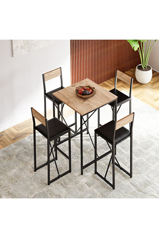 4 Kişilik Bar Masa Sandalye Seti Mutfak Yemek Masası Takımı Döşeme Çam  1578