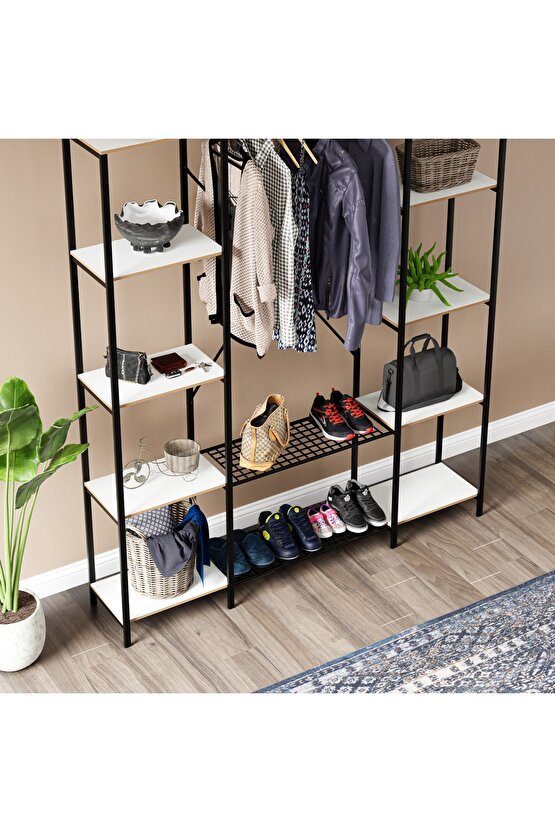 Çok Amaçlı Metal Ayaklı Çift Raflı Dolap Ayakkabılık Portatif Portmanto Gardırop