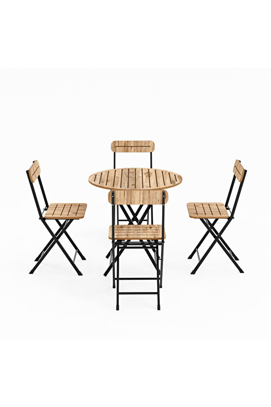 4 Kişilik Yuvarlak Bistro Takım Bahçe Mutfak Masa Sandalye Çam 1500