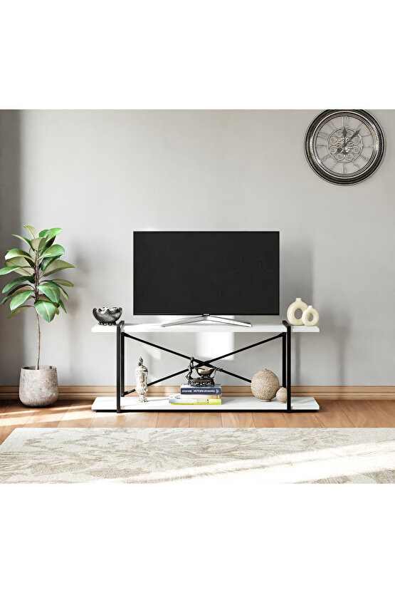 Televizyon Ünitesi Tv Standı Raflı Metal Sehpa Beyaz 1380