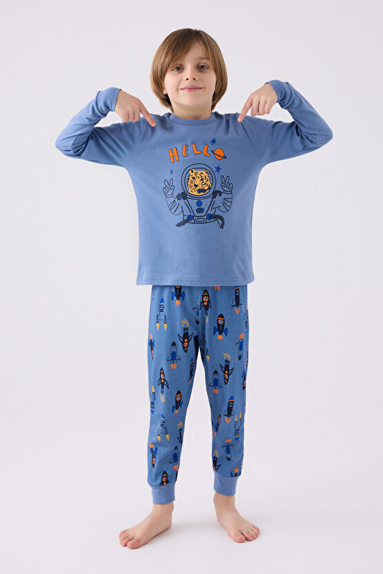 Erkek Çocuk Mavi Uzun Kol Pijama Takım