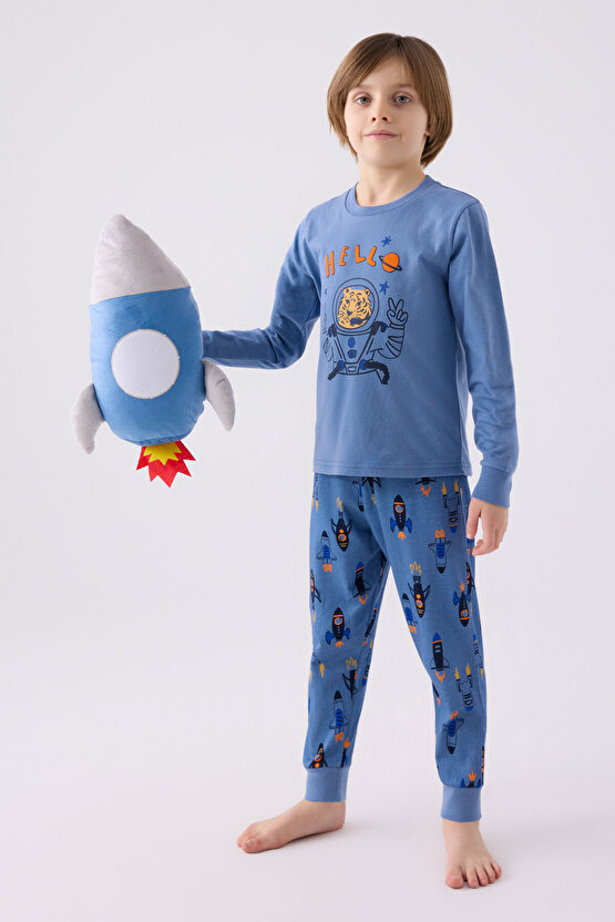 Erkek Çocuk Mavi Uzun Kol Pijama Takım