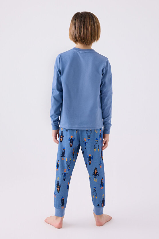 Erkek Çocuk Mavi Uzun Kol Pijama Takım