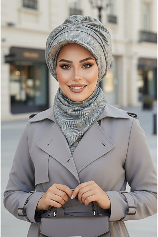 Gri Ekose Büzgülü Tesettür Şapka ve Etol Takım